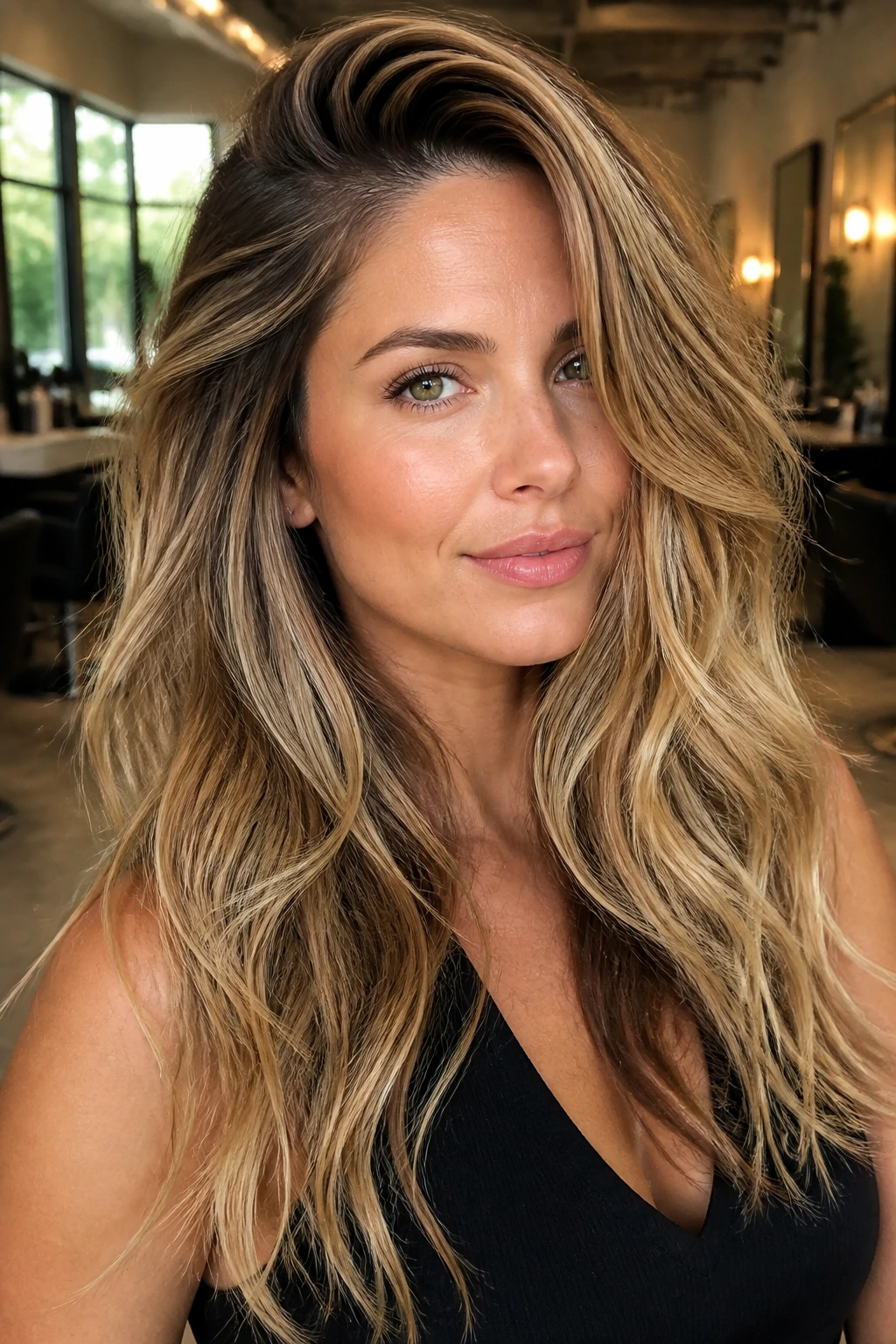 Close-up of a real woman with side-part layers lifting at the crown and beachy waves