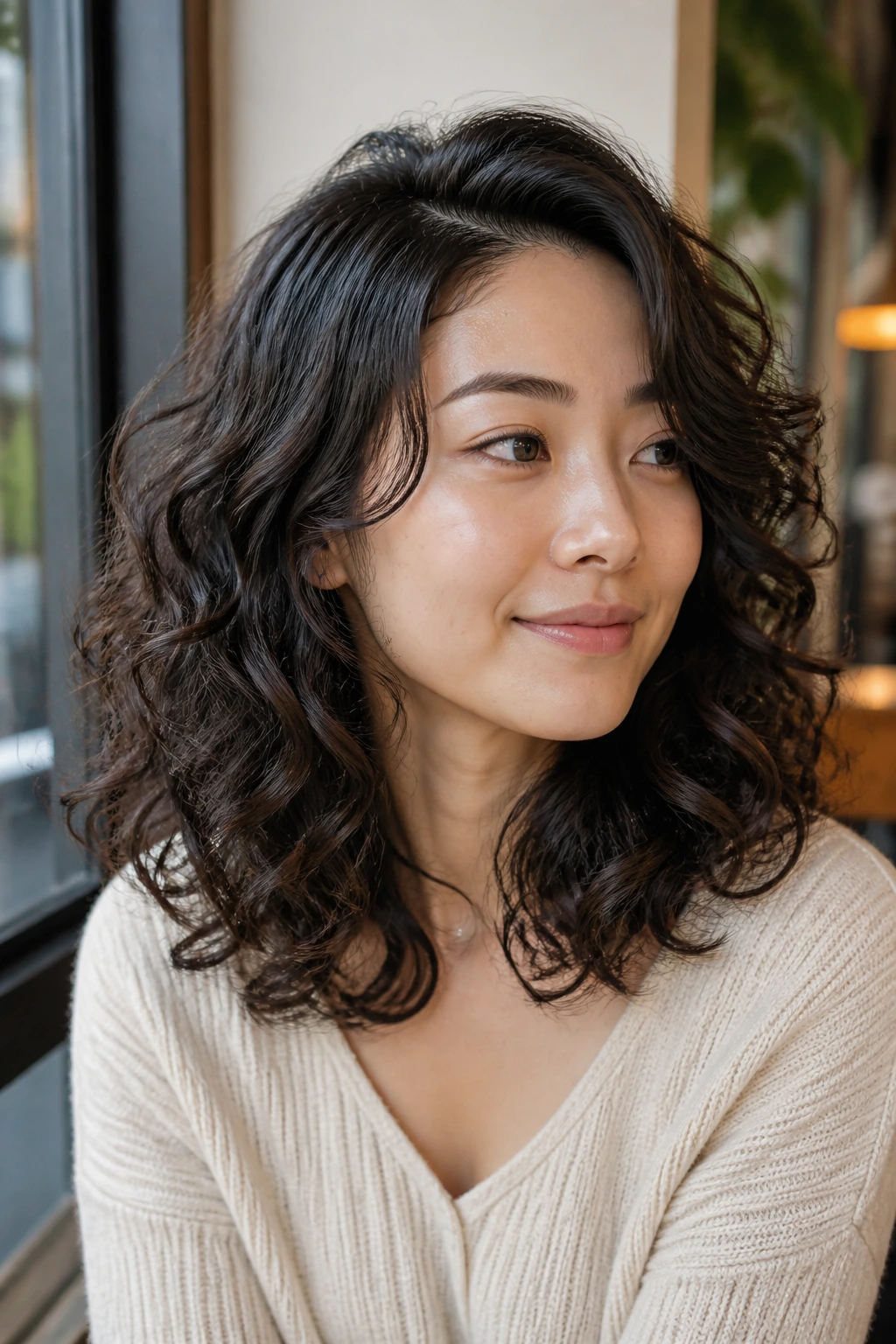Real woman with side-parted curly layers sweeping away from the face
