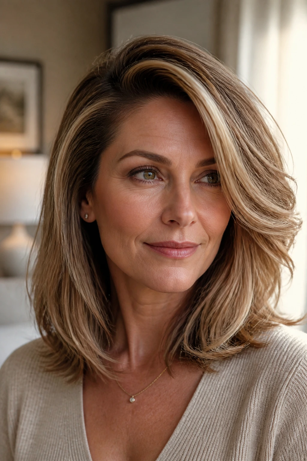 Close-up portrait of a real woman with a deep side part and swept shoulder-length layers.