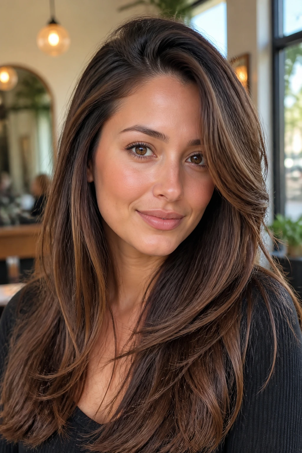 Close-up of a real woman with side-part layers lifting the temple area in warm light