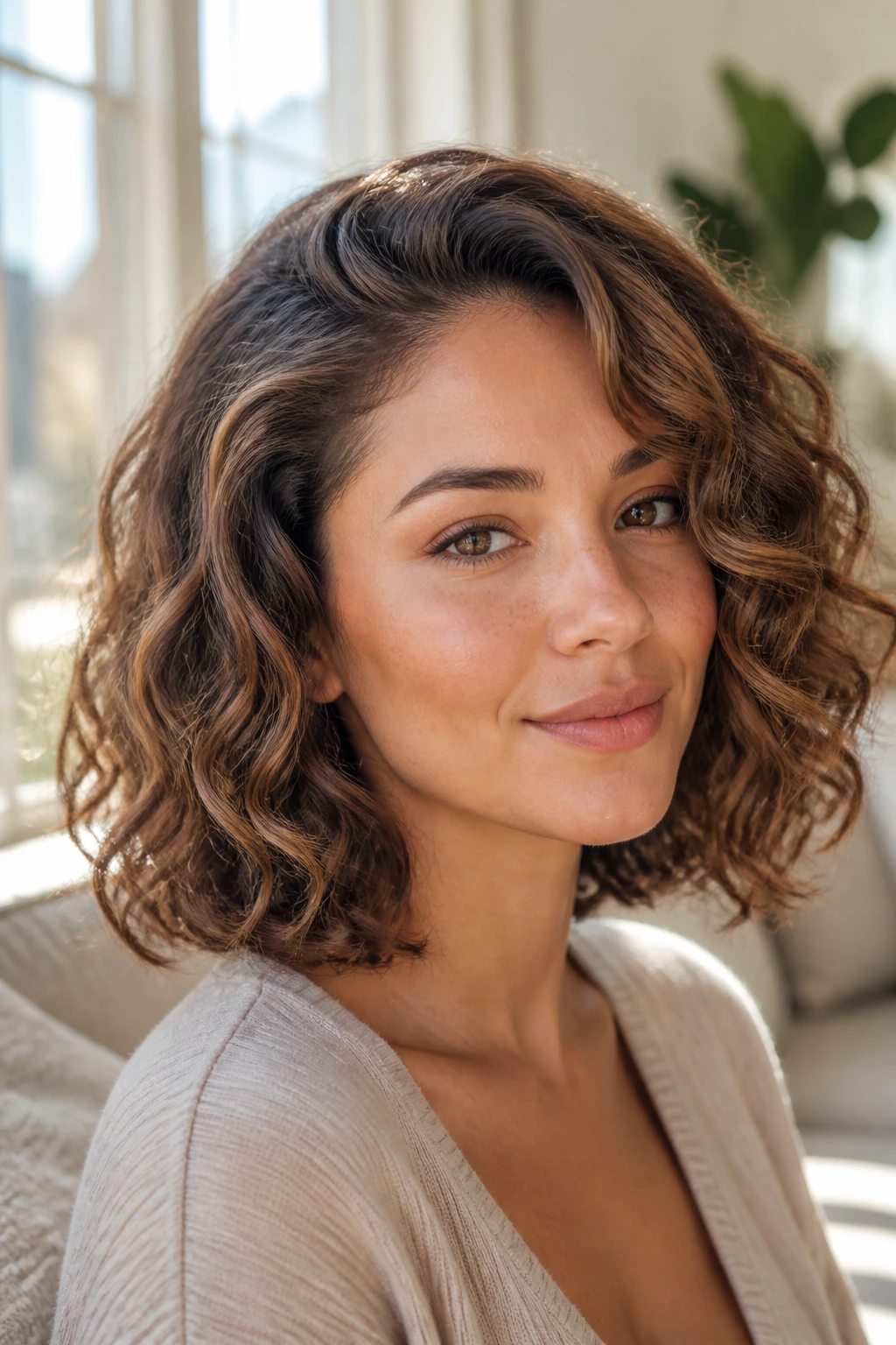Close-up portrait of a woman with side-part lob and caramel lowlights in warm natural light