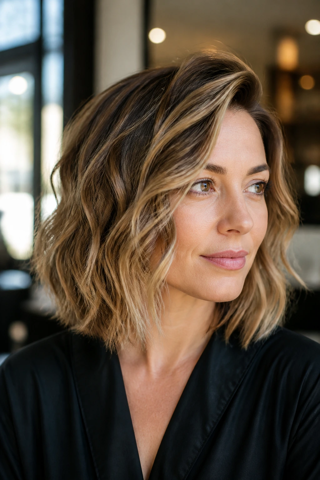 Real woman with side-part lob and cheekbone layers portrait