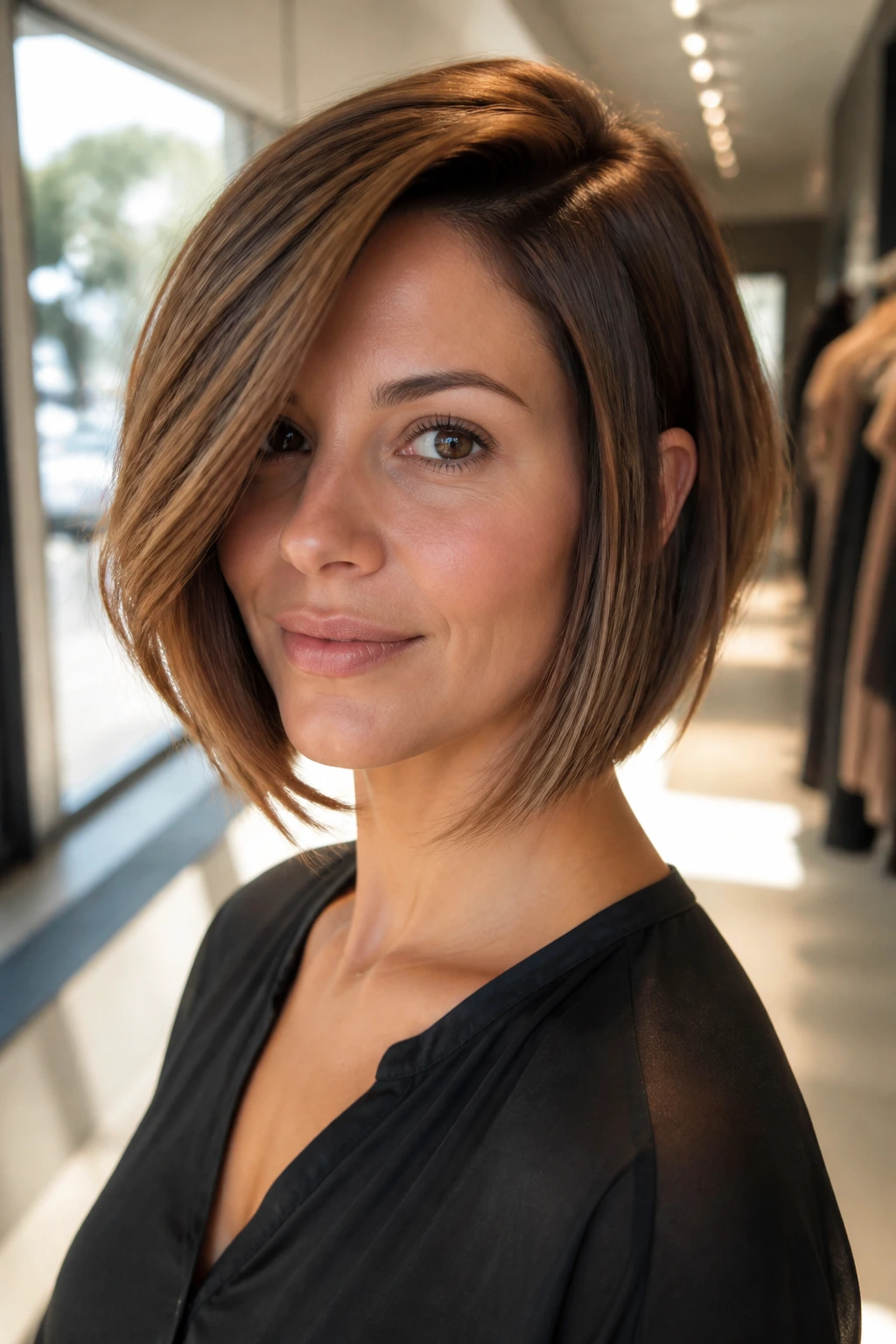 Portrait of a woman with a side-part lob and chin-skimming layers.