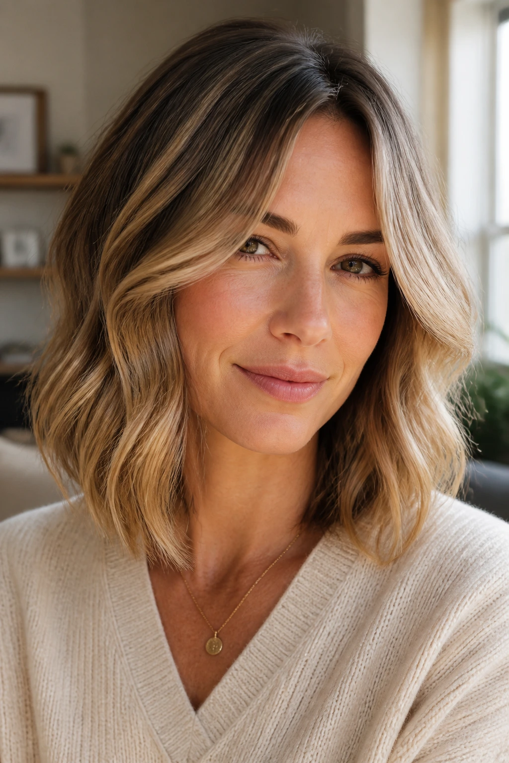 Close-up of a real woman wearing a side-part lob with curtain fringe.