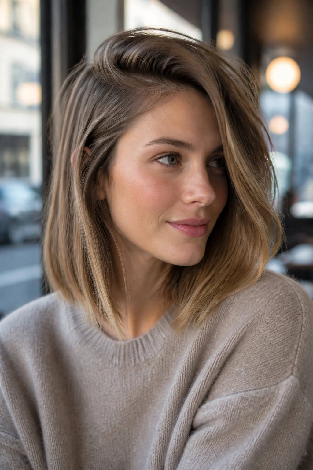Close-up portrait of a real woman with a side-part lob and diagonal layers in cafe daylight