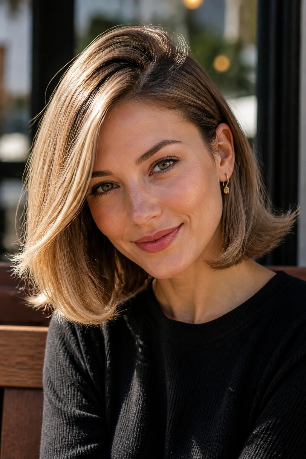 Close-up of a real woman with a side-part lob and built-in flip