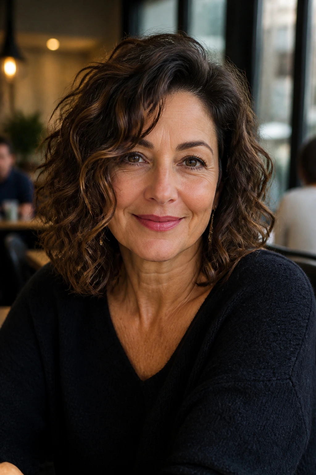 Real woman with side-part lob and face-framing curls