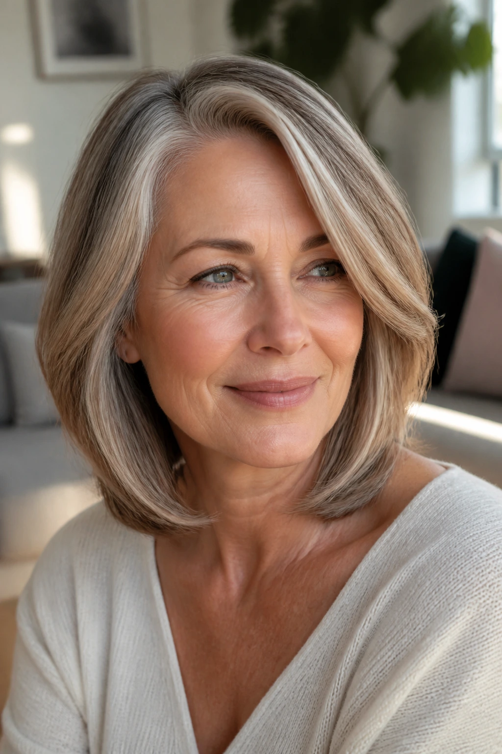 Real woman with a side-part lob and gentle sweep, shoulder-length hair.
