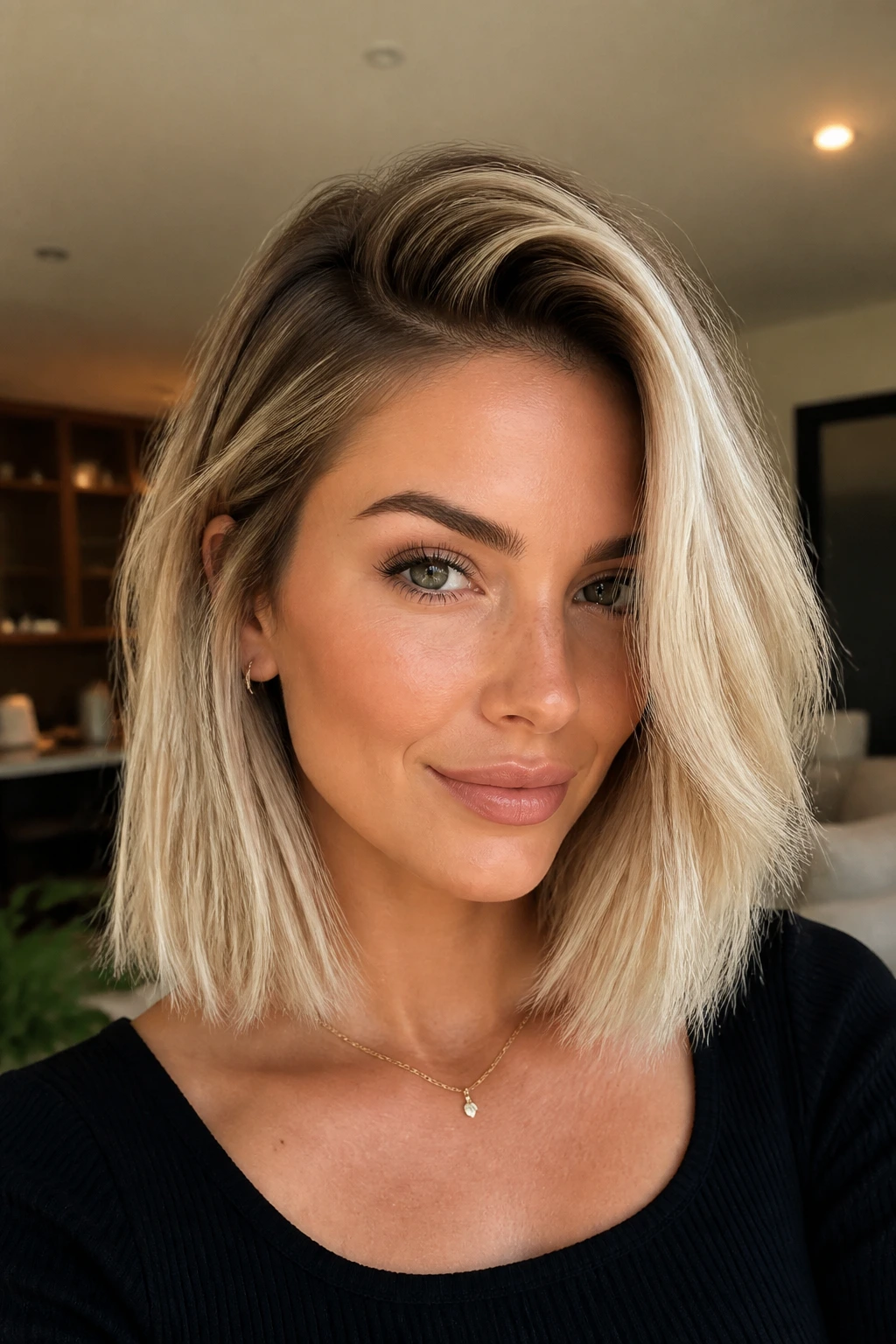 Close-up of a woman with a deep side-part lob and smudged roots in warm indoor light
