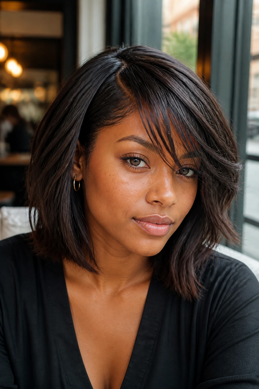 Close up of a real Black woman with a side-part lob and piecey sweep bangs