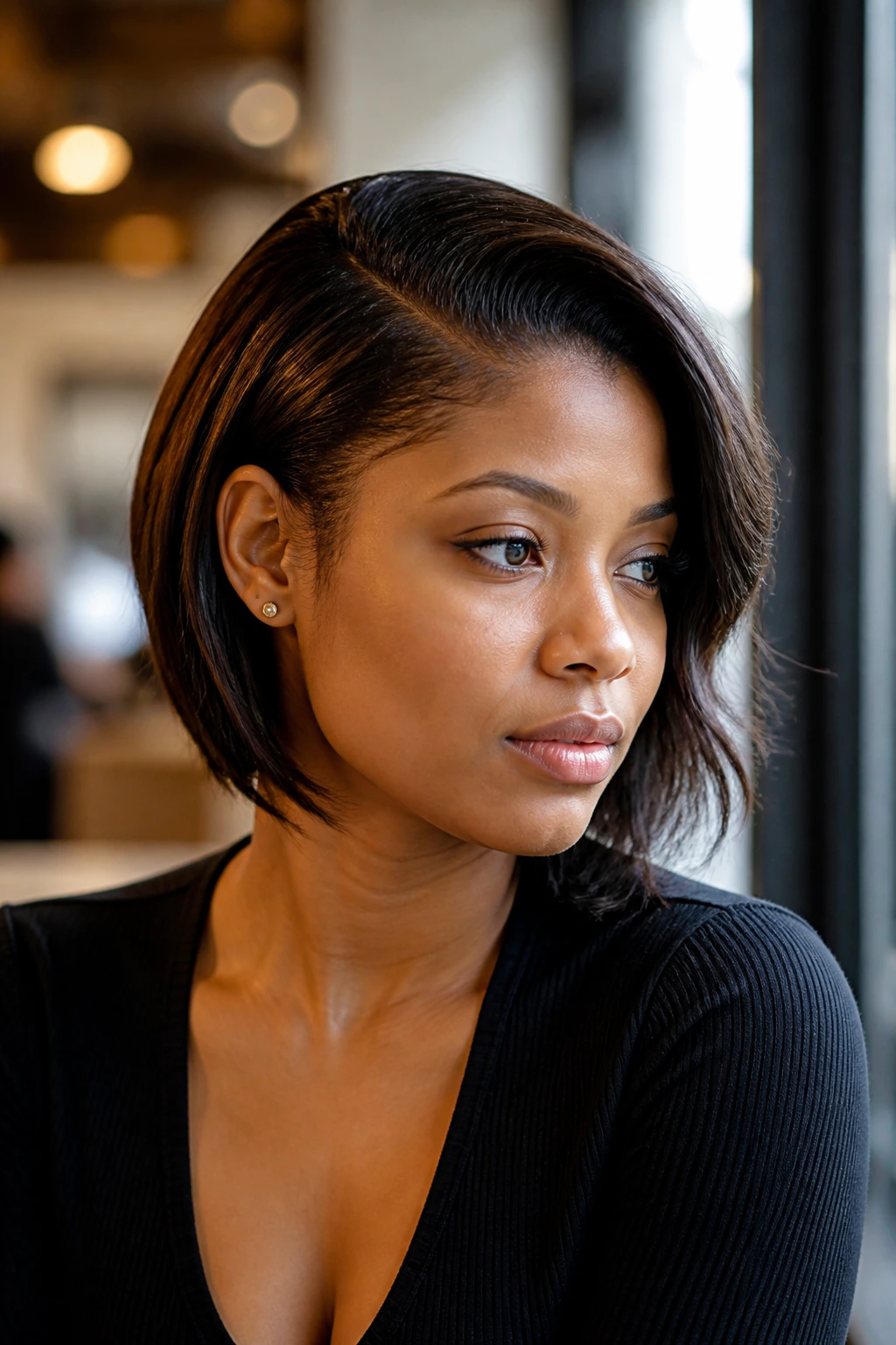 Portrait of a real woman with side-part two-block lob