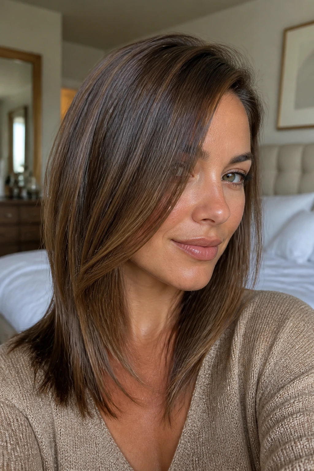 Close-up of a real woman with a deep side part and long front angles sweeping across her face in warm window light