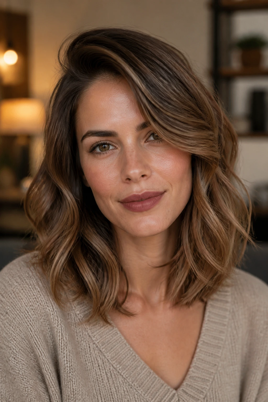 Close-up portrait of side-parted soft layers with loose waves on a real woman