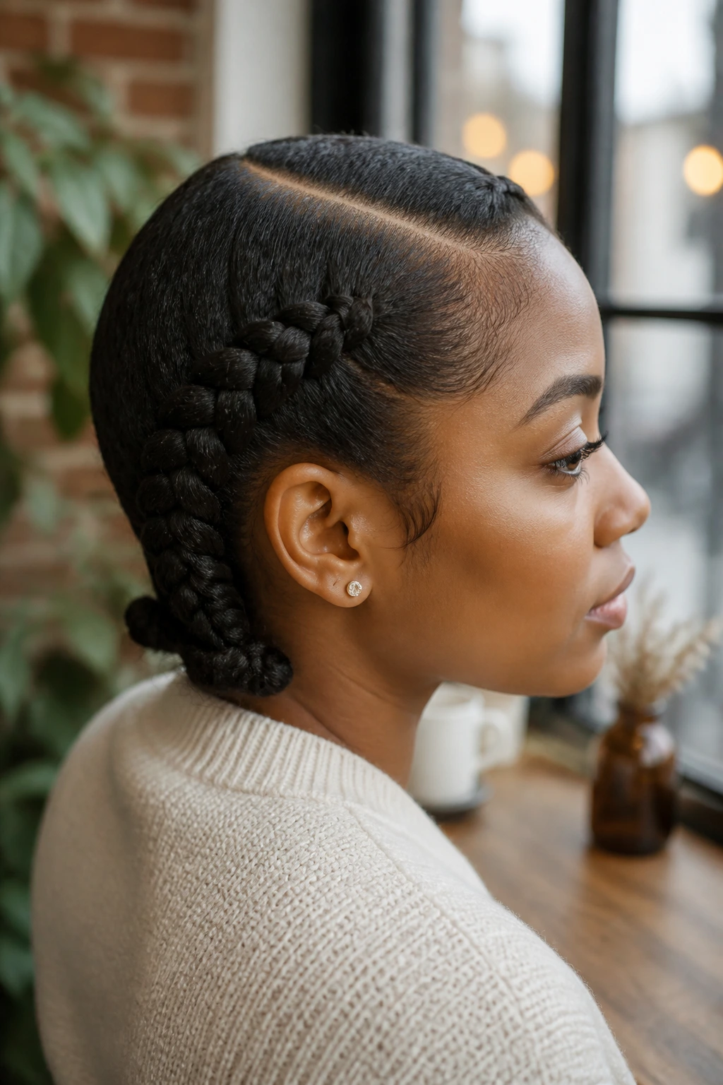 Close-up of a real person with a deep side part and low Dutch braids along the sides