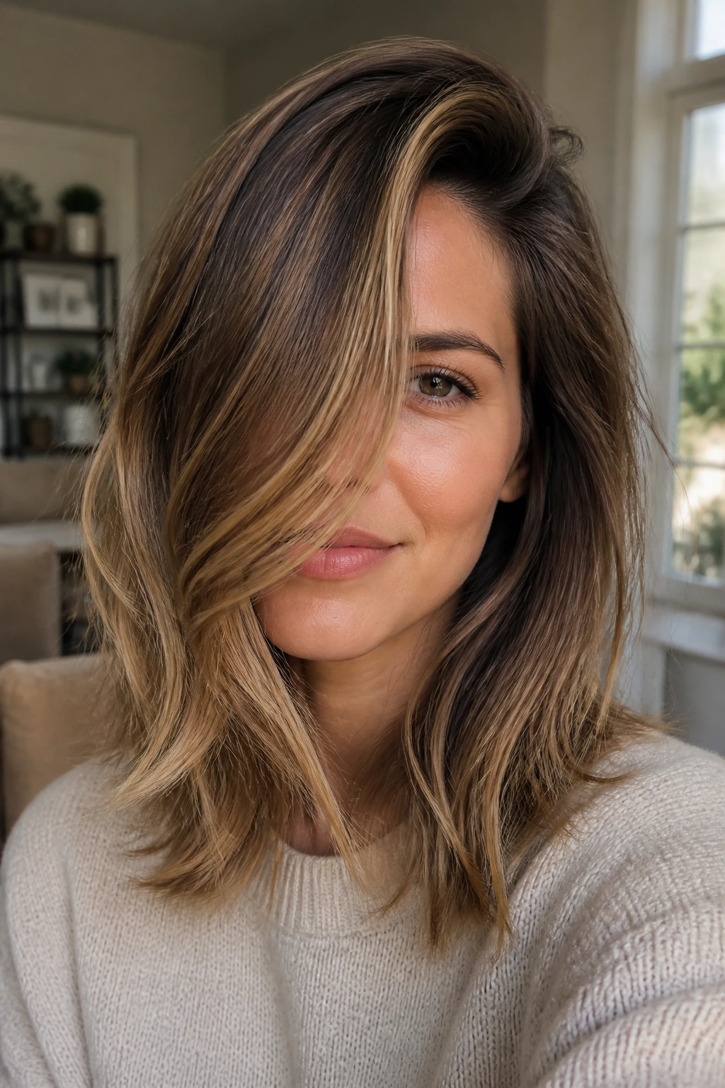 Portrait of a person with mid-length hair and diagonal side part