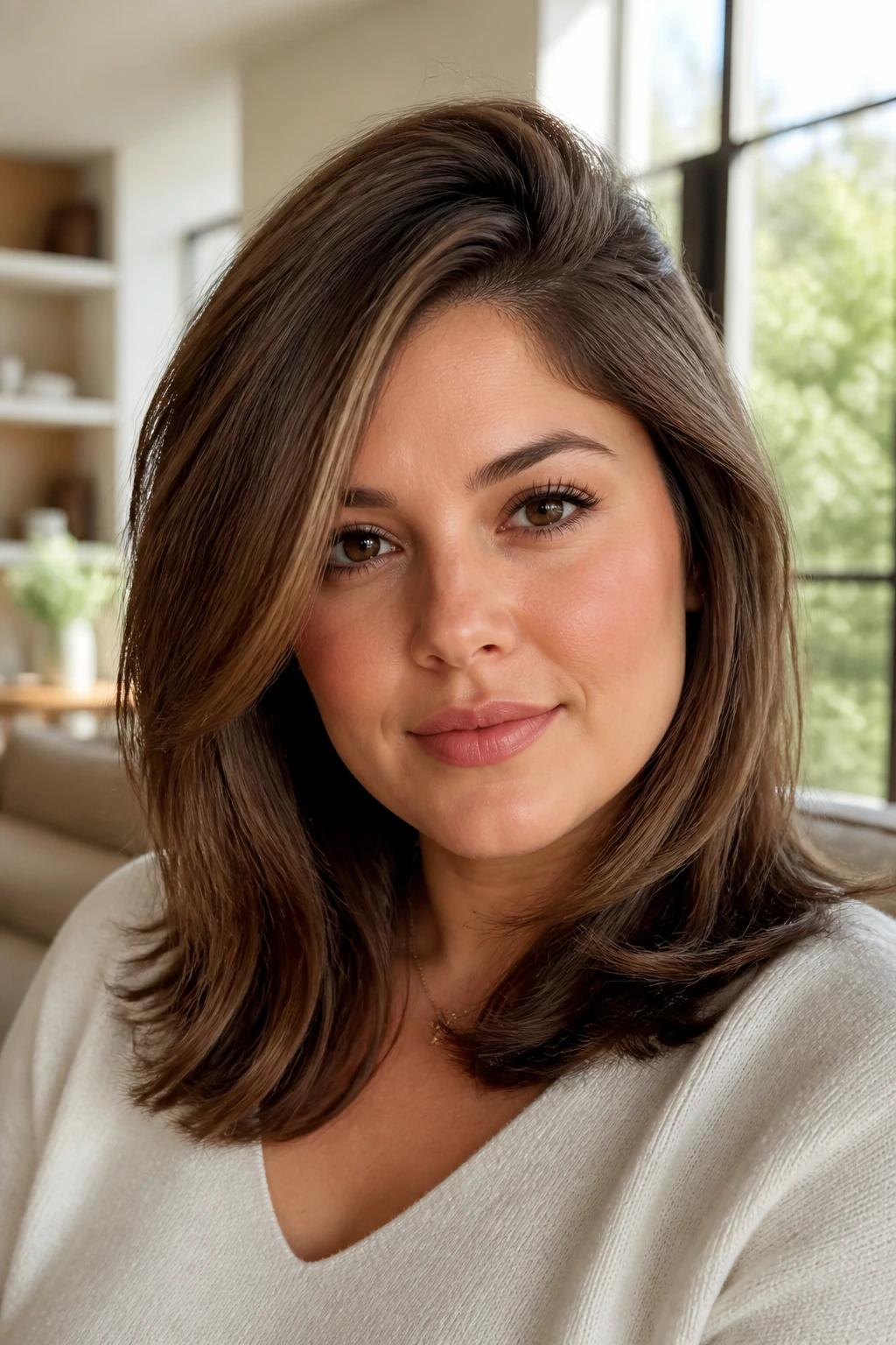 Close-up of a real person with a deep side part and mid-length layers in warm daylight
