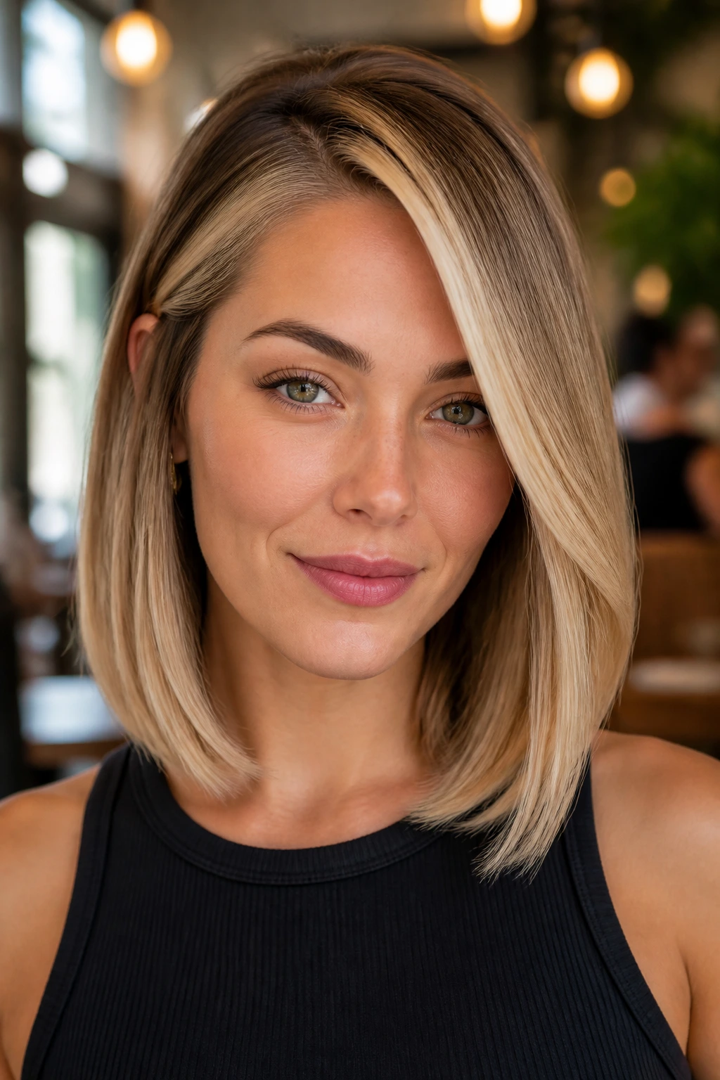 Real woman with side-part lob and money piece highlighted near the face in a warm interior