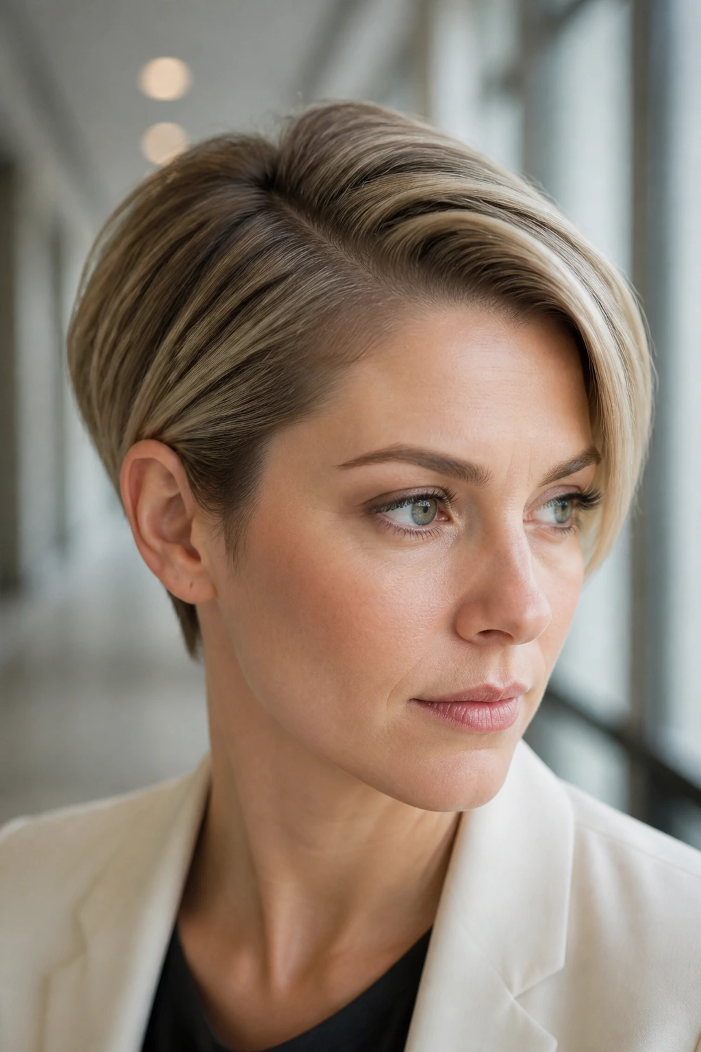 Real woman with an office-clean side-part hairstyle