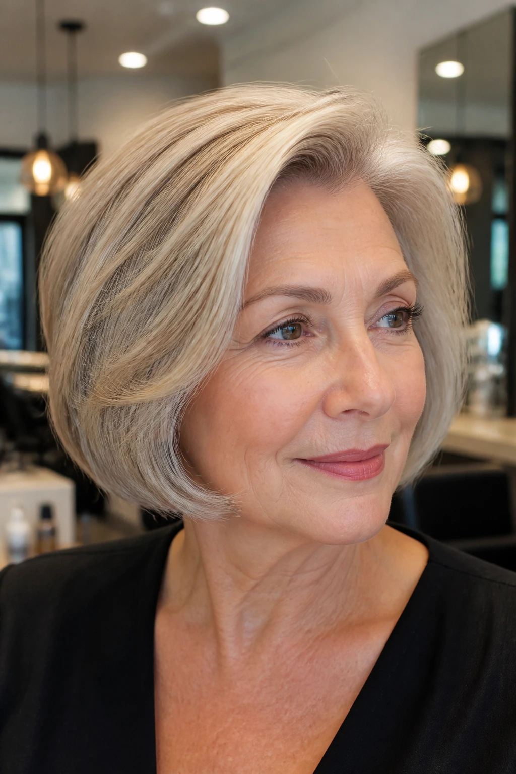 Close-up of a real woman with a side-parted pageboy that curves under near the jawline.