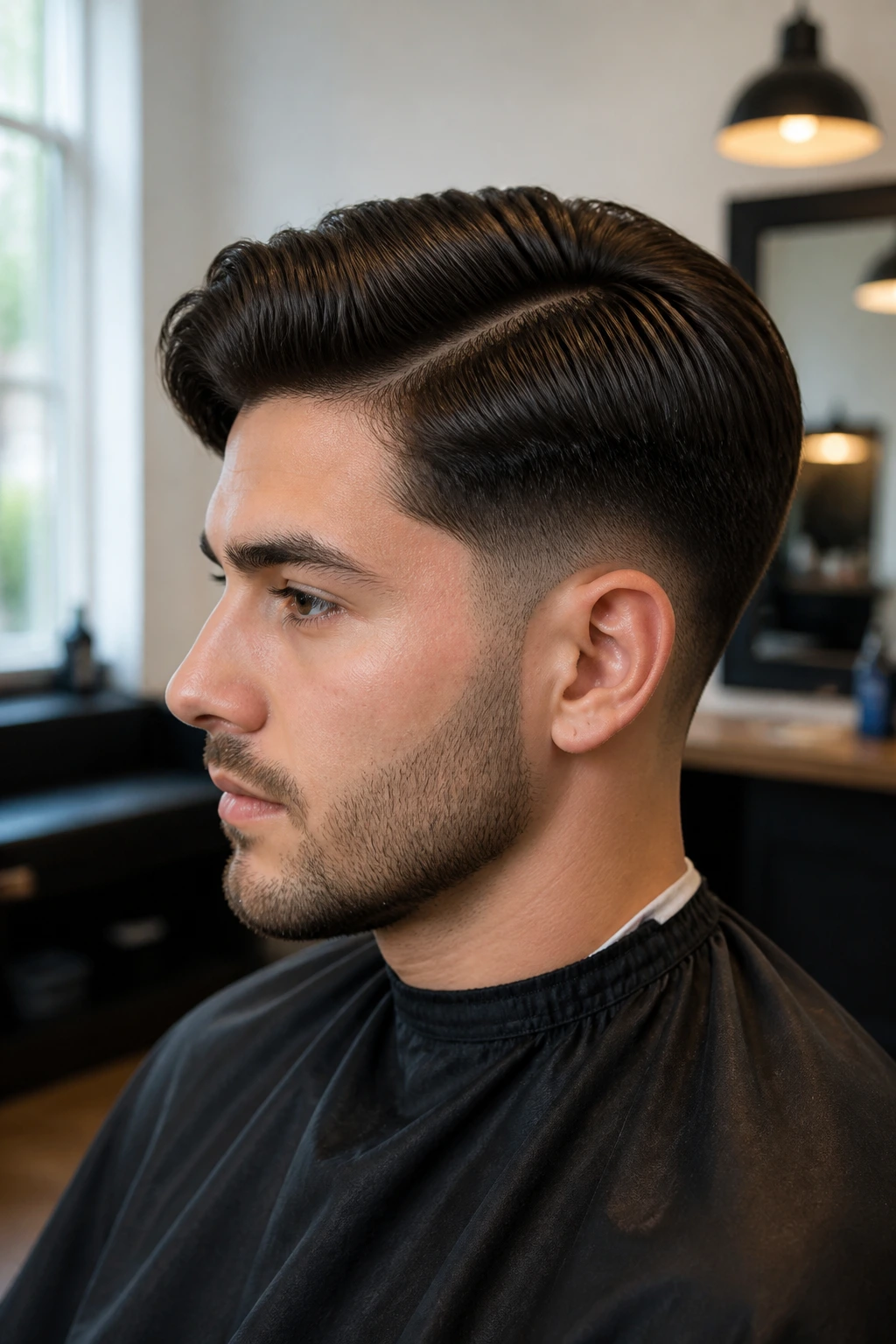 Close-up of real person with side-part pageboy and low fade