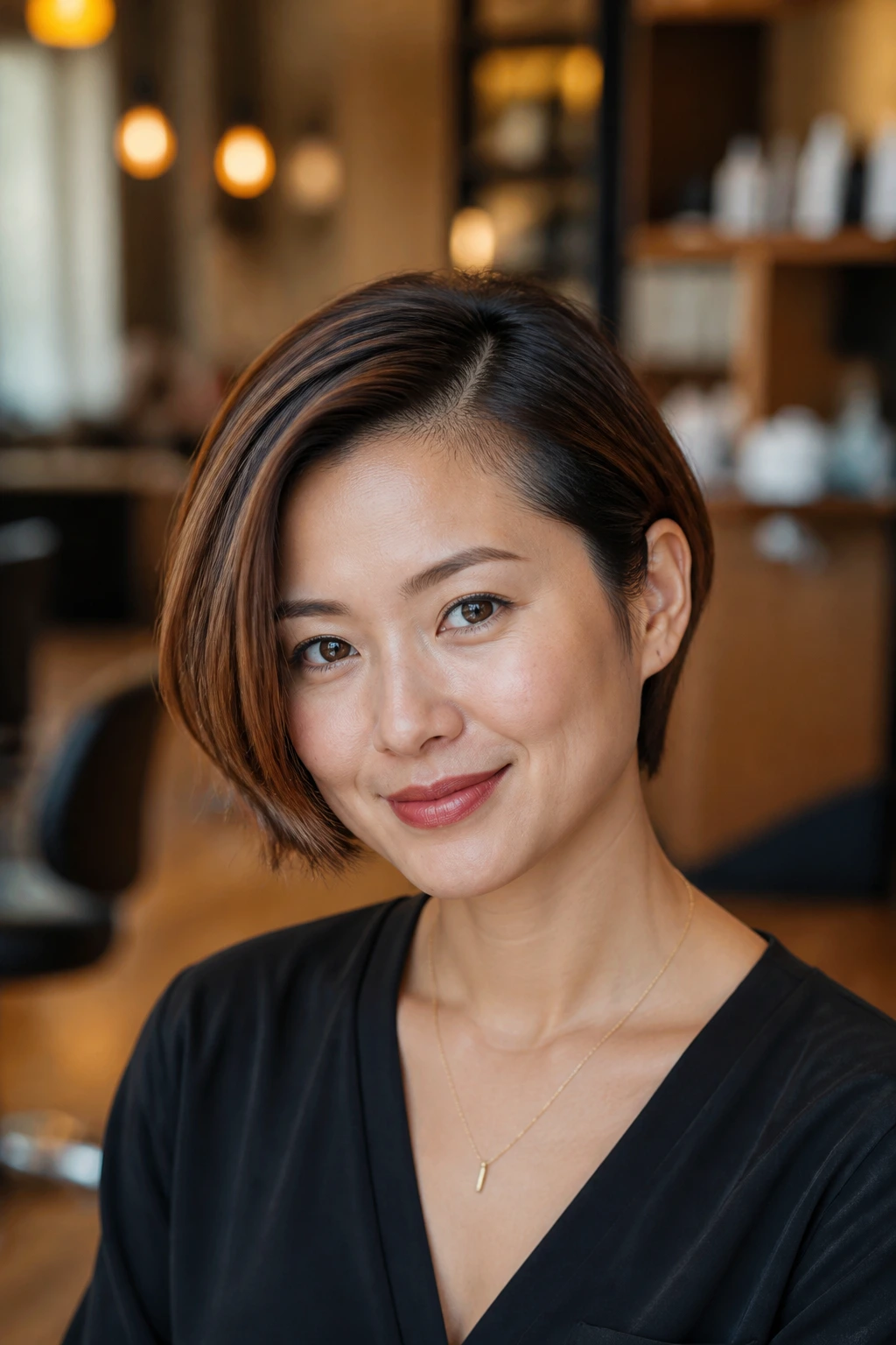 Medium close-up of a side-part pixie-bob on a real woman in a salon