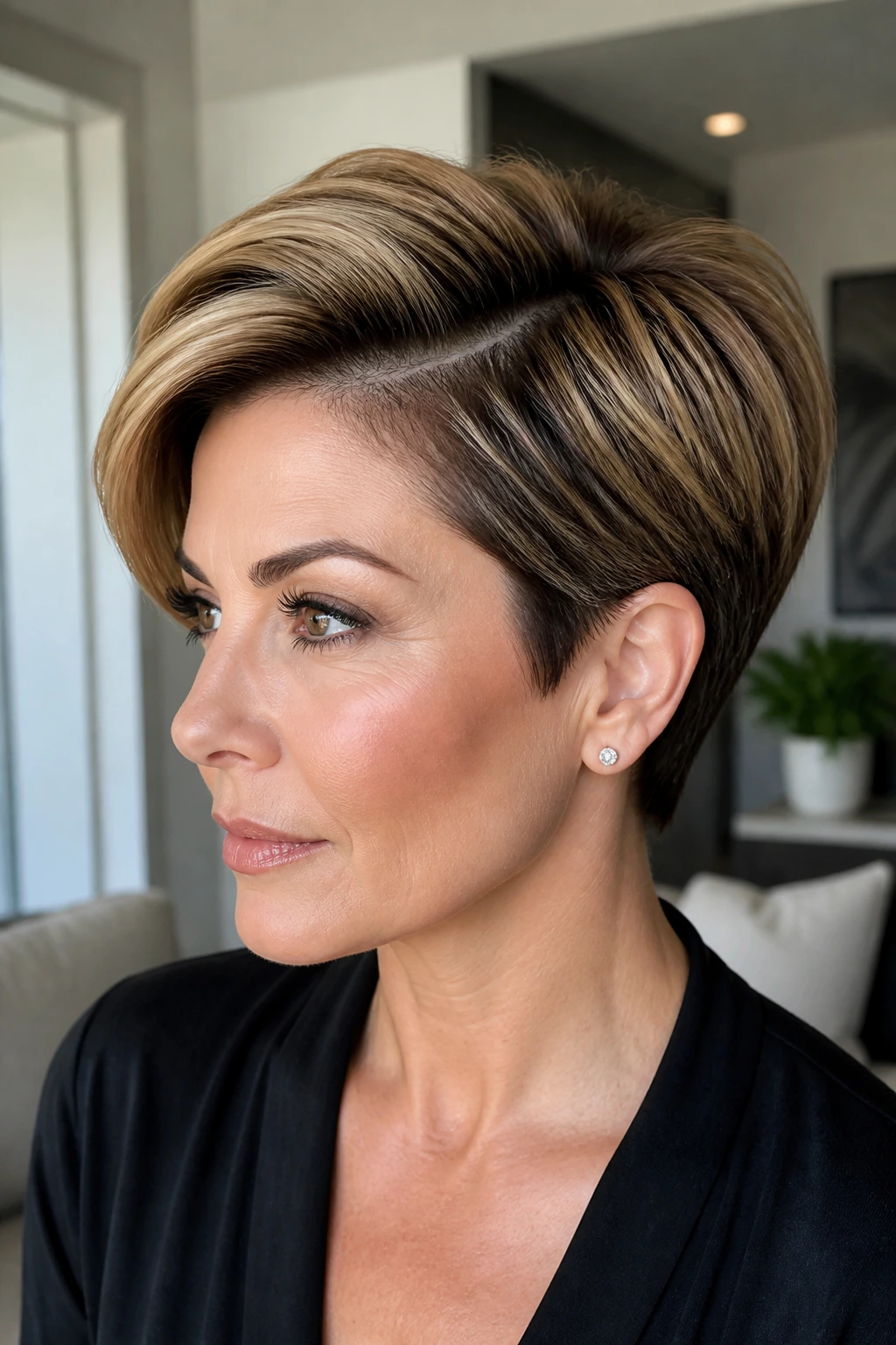 Close-up of a real person with a side-part pixie and caramel crown highlights