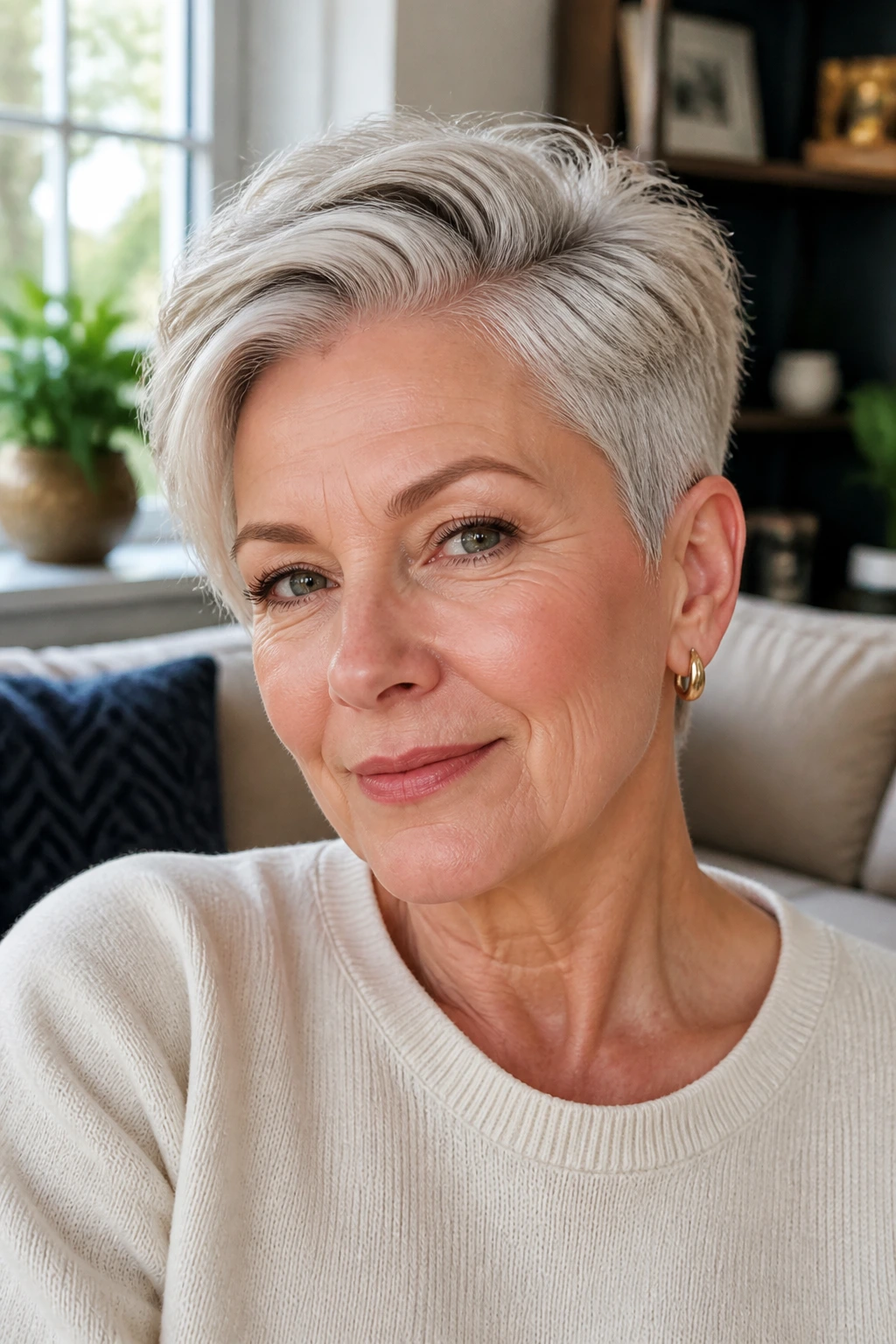 Close-up of a real woman with a side-part pixie and longer top in natural light