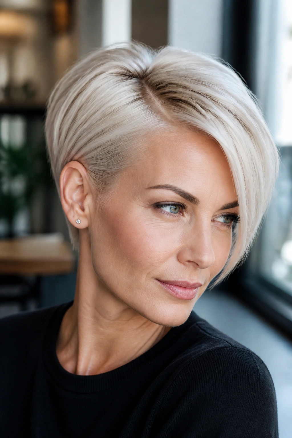Portrait of real woman with side-part platinum pixie and long ear sweep.