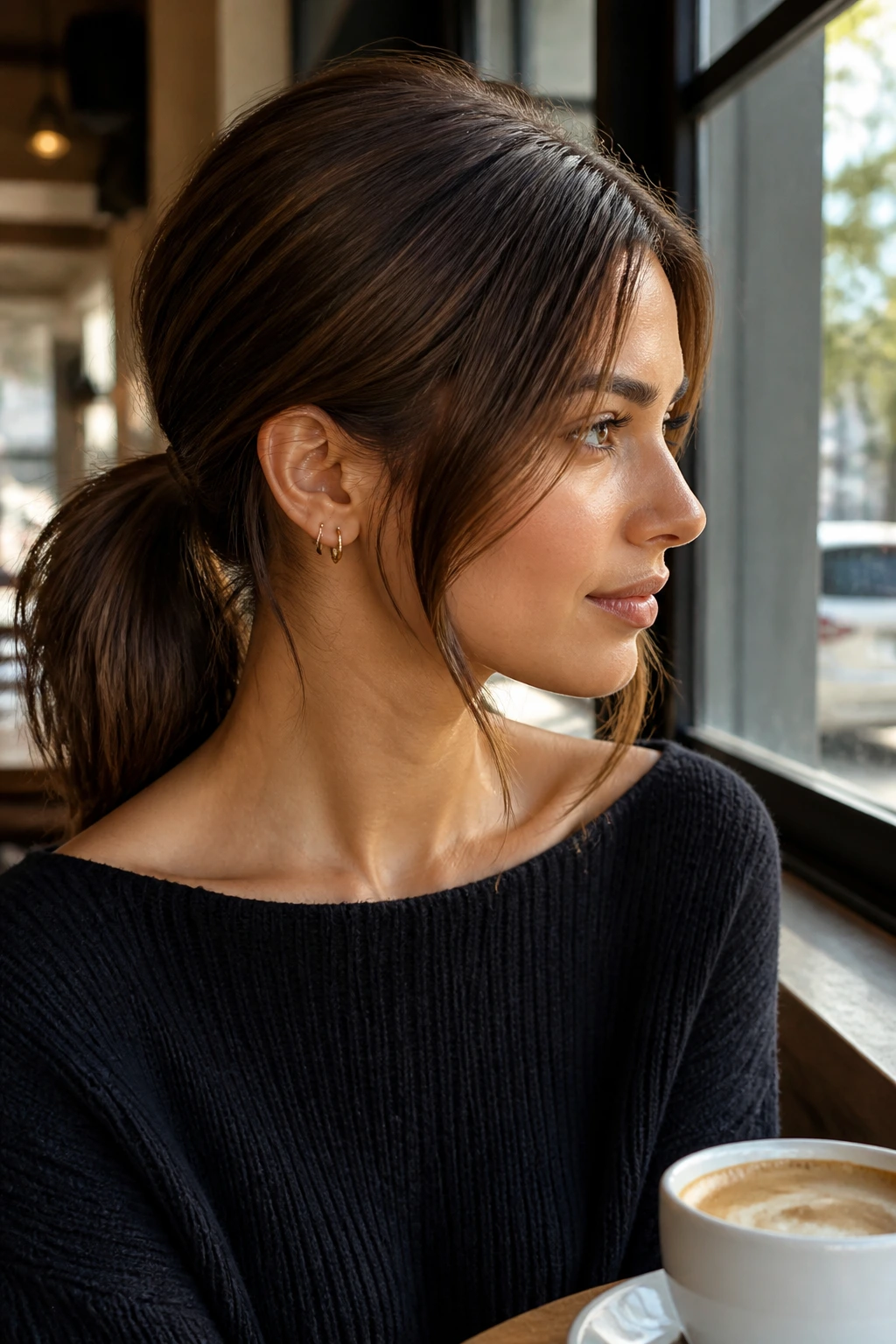 Close-up portrait of a woman with a side-part pony and face-framing pieces.