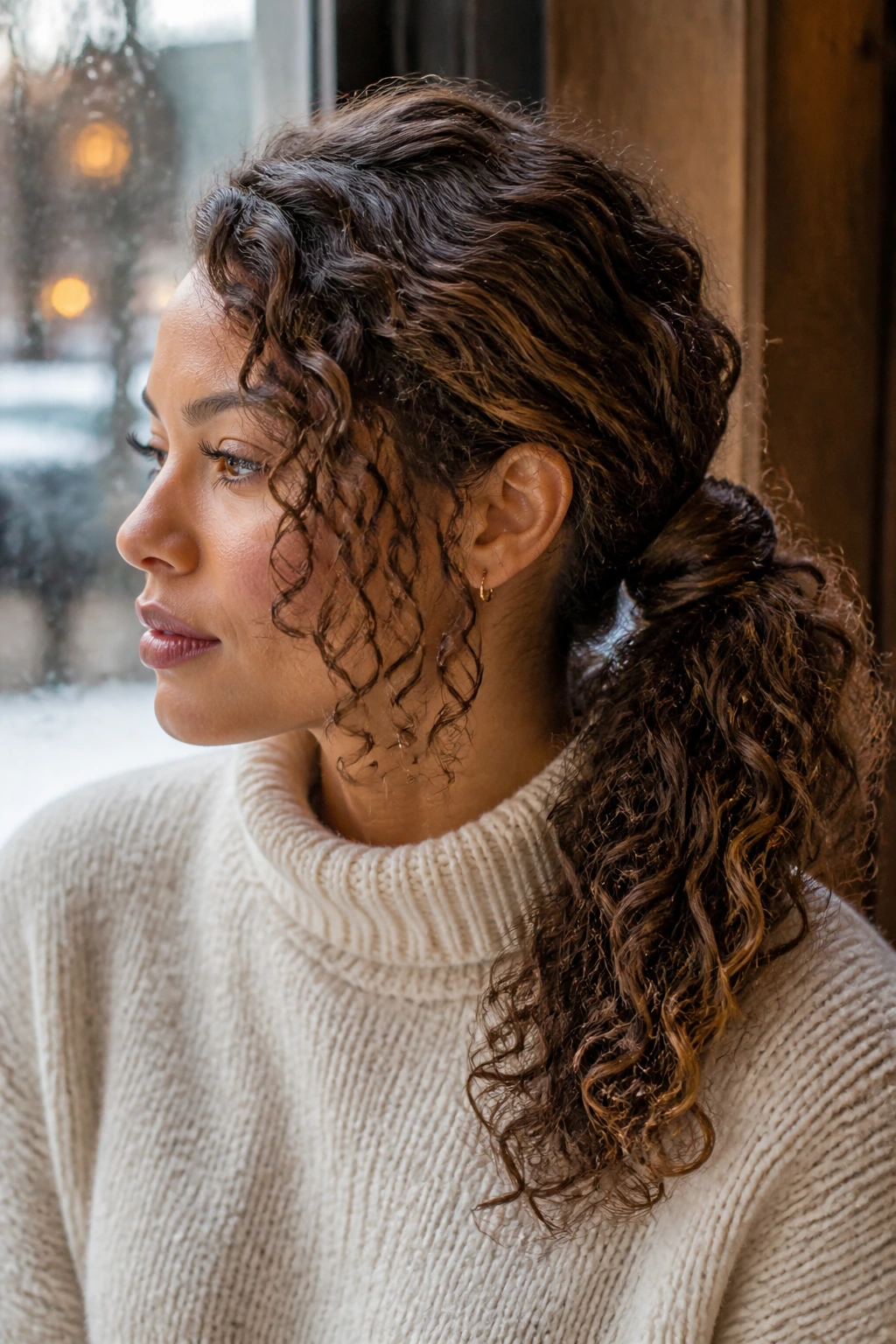 Close-up of a woman with a side-part curly ponytail wrapped at the base