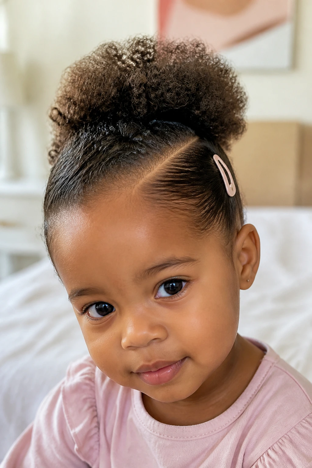 Toddler girl with side-part puff and barrette hairstyle