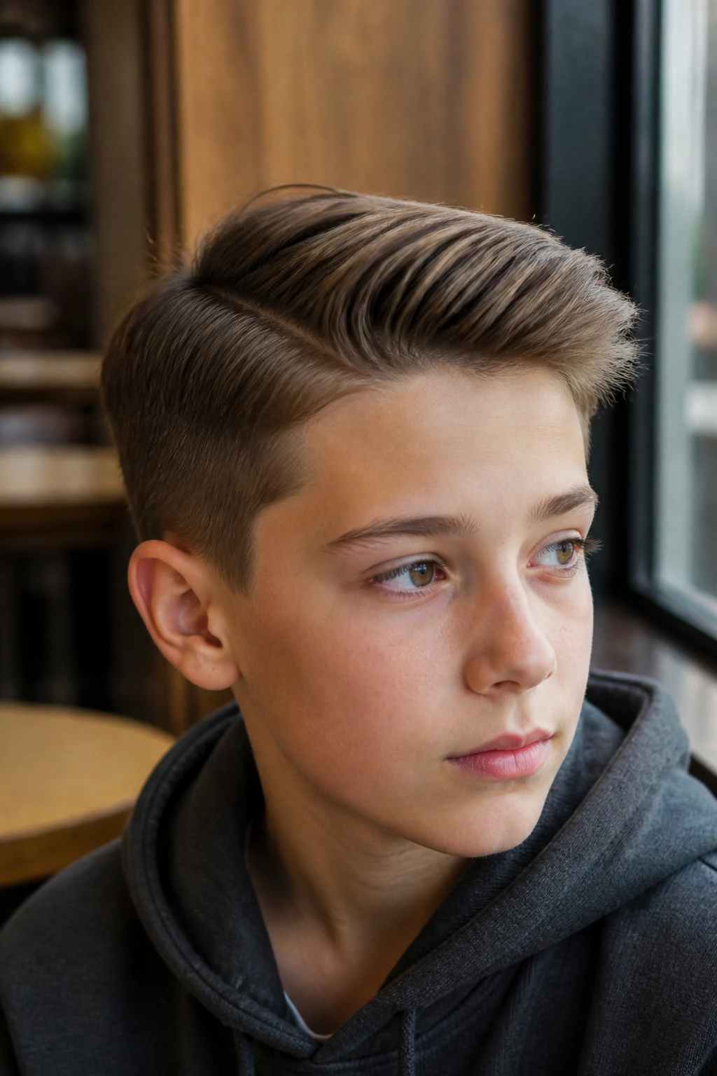 Portrait of boy with side-part quiff in cafe setting