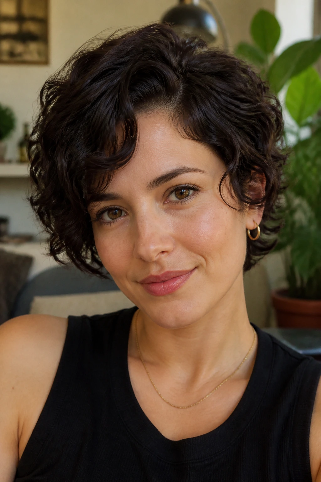 Real woman with a diagonal side-part razor cropped hairstyle in a bright living room.