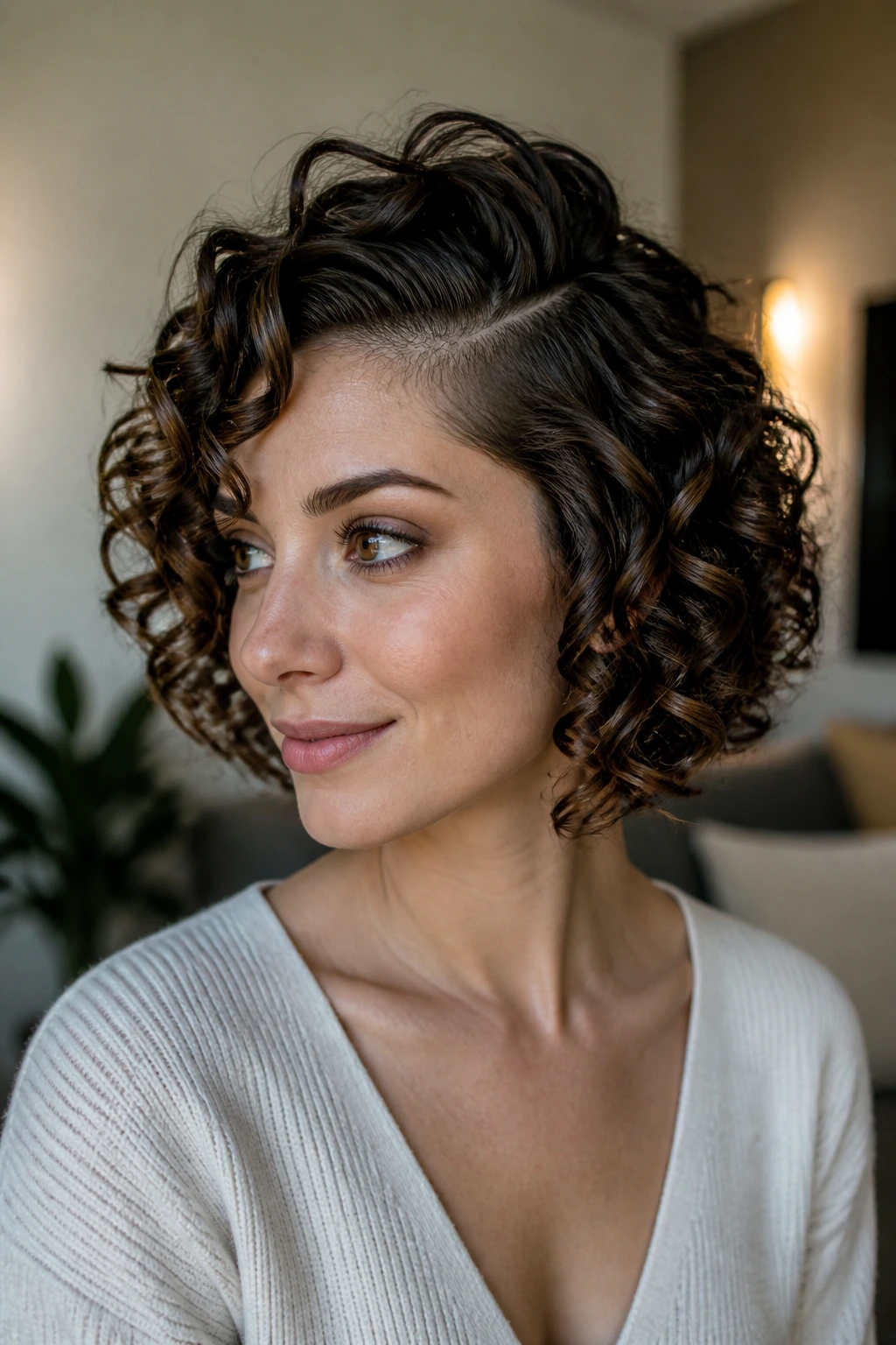 Close-up of side-parted ringlets with crown lift on an oval face