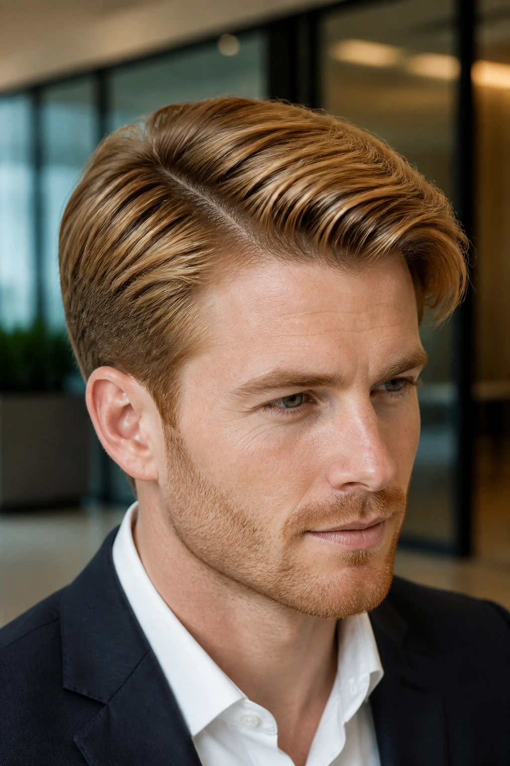 Close-up portrait of a real person with a side-part and natural root depth