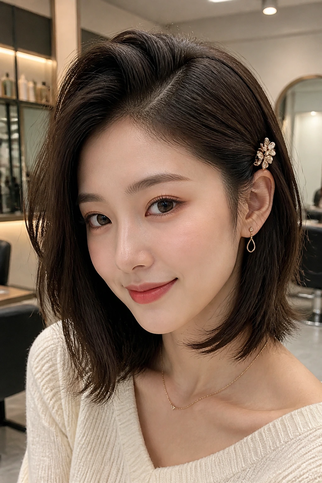 Portrait of a real woman with a deep side part and decorative clip at temple showing root lift.