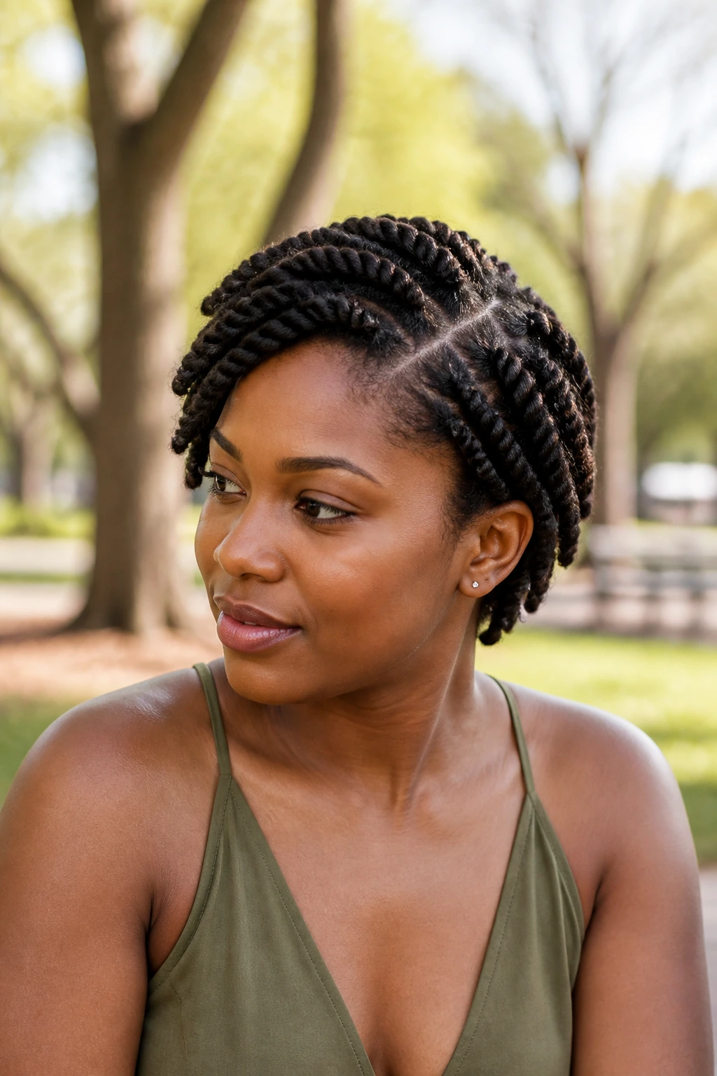 Three-quarter portrait of a real person with side-part rope twists outdoors