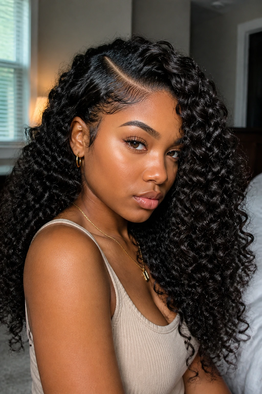 Close-up of side-part chunky curly sew-in on a real woman