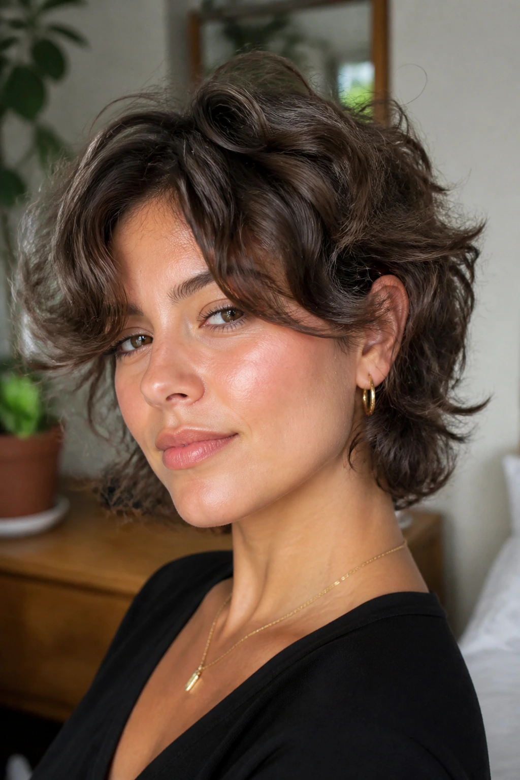 Real woman with side-part shag and curtain bang flip