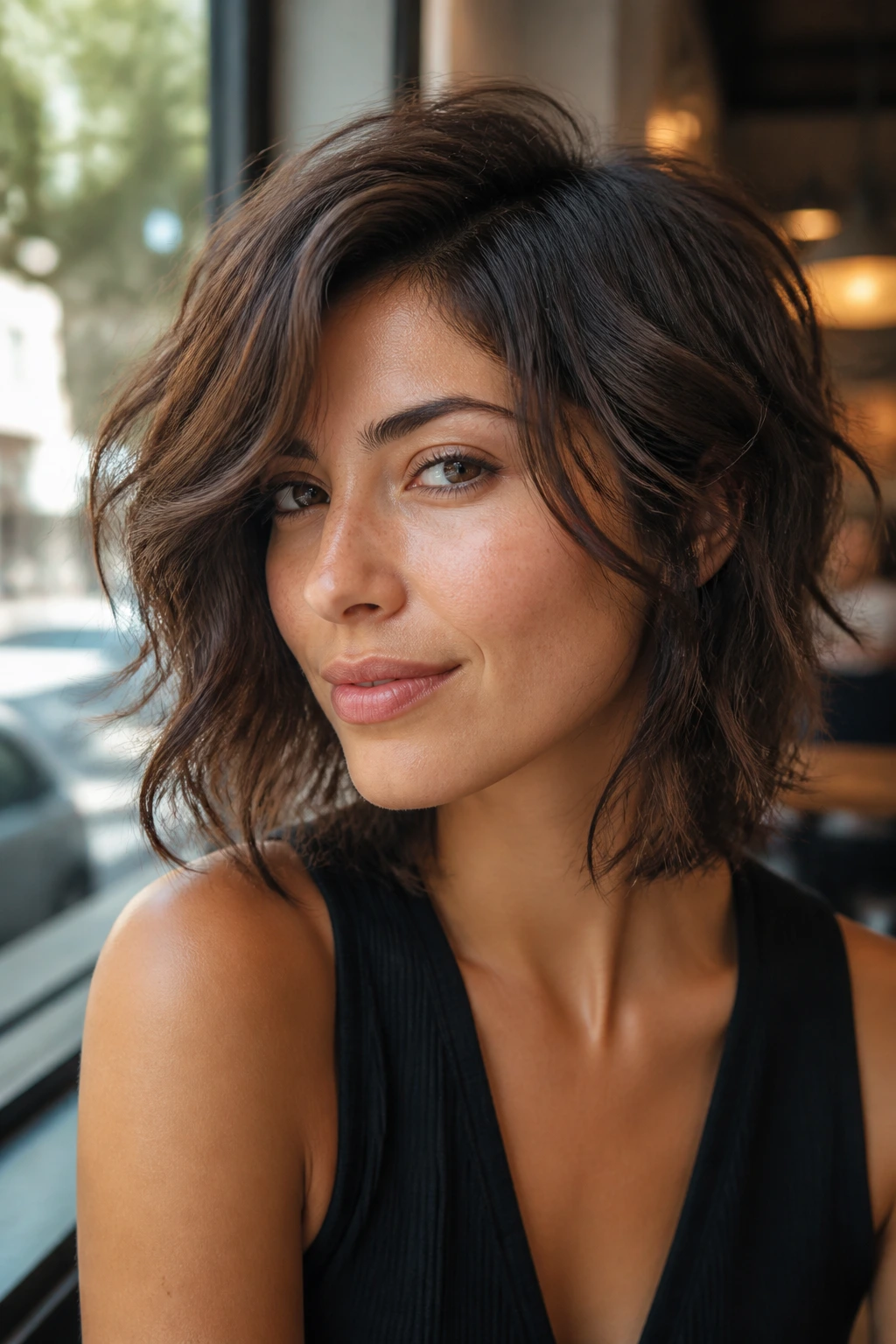 Close-up portrait of a real woman with side-part piecey shag in a cafe setting