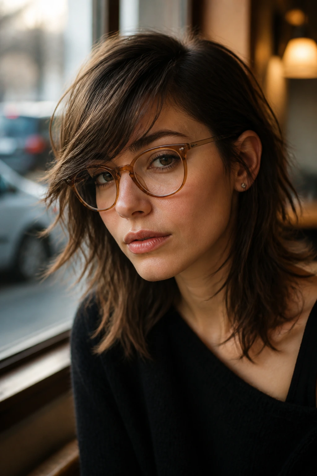 Close-up portrait of a real woman with a side-part shag and sweepy fringe at a cafe window