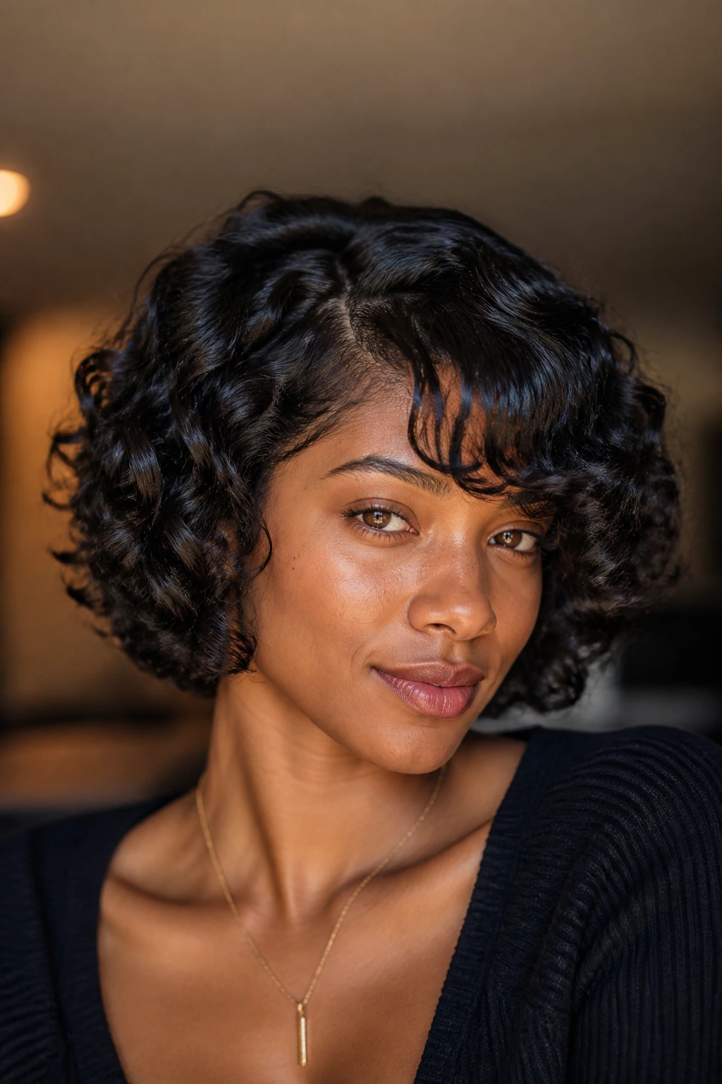 Person with side-parted short curly bob and subtle fringe
