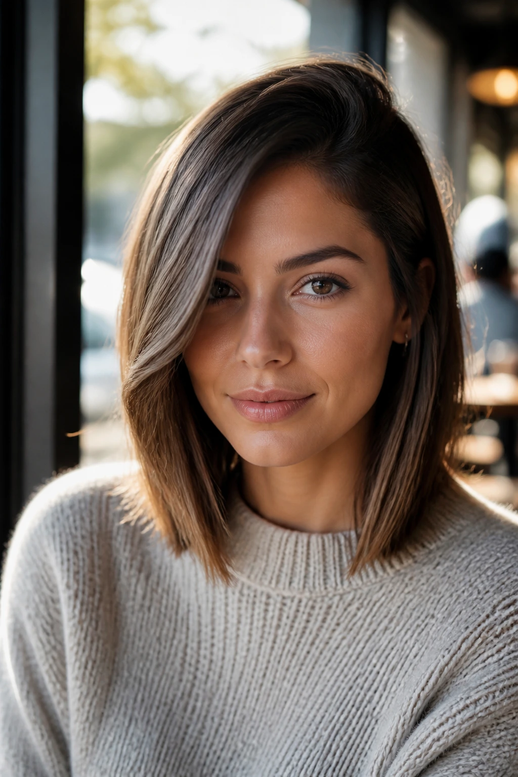 Portrait of a real woman with a side-part shoulder-length cut