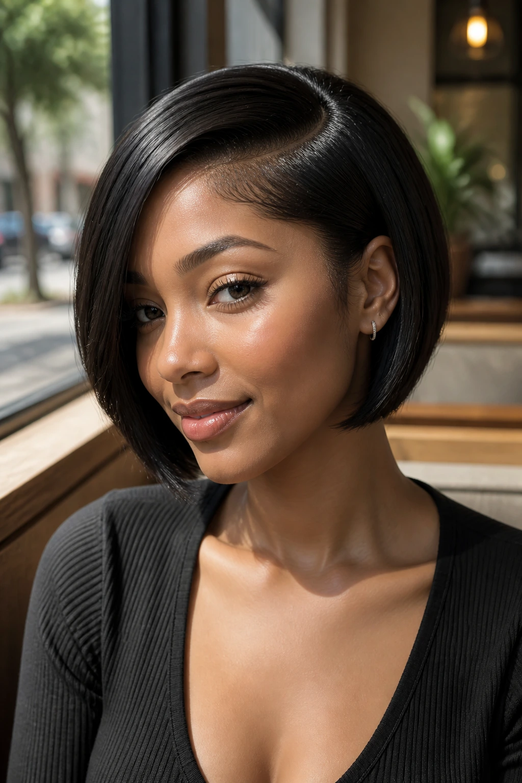 Portrait of a real woman with a deep side-parted sleek bob in a cafe setting