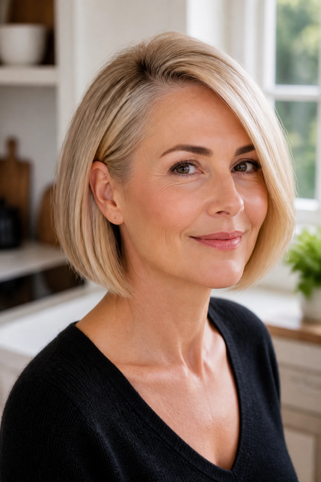 Real woman with a side-part sleek bob showing crown lift.