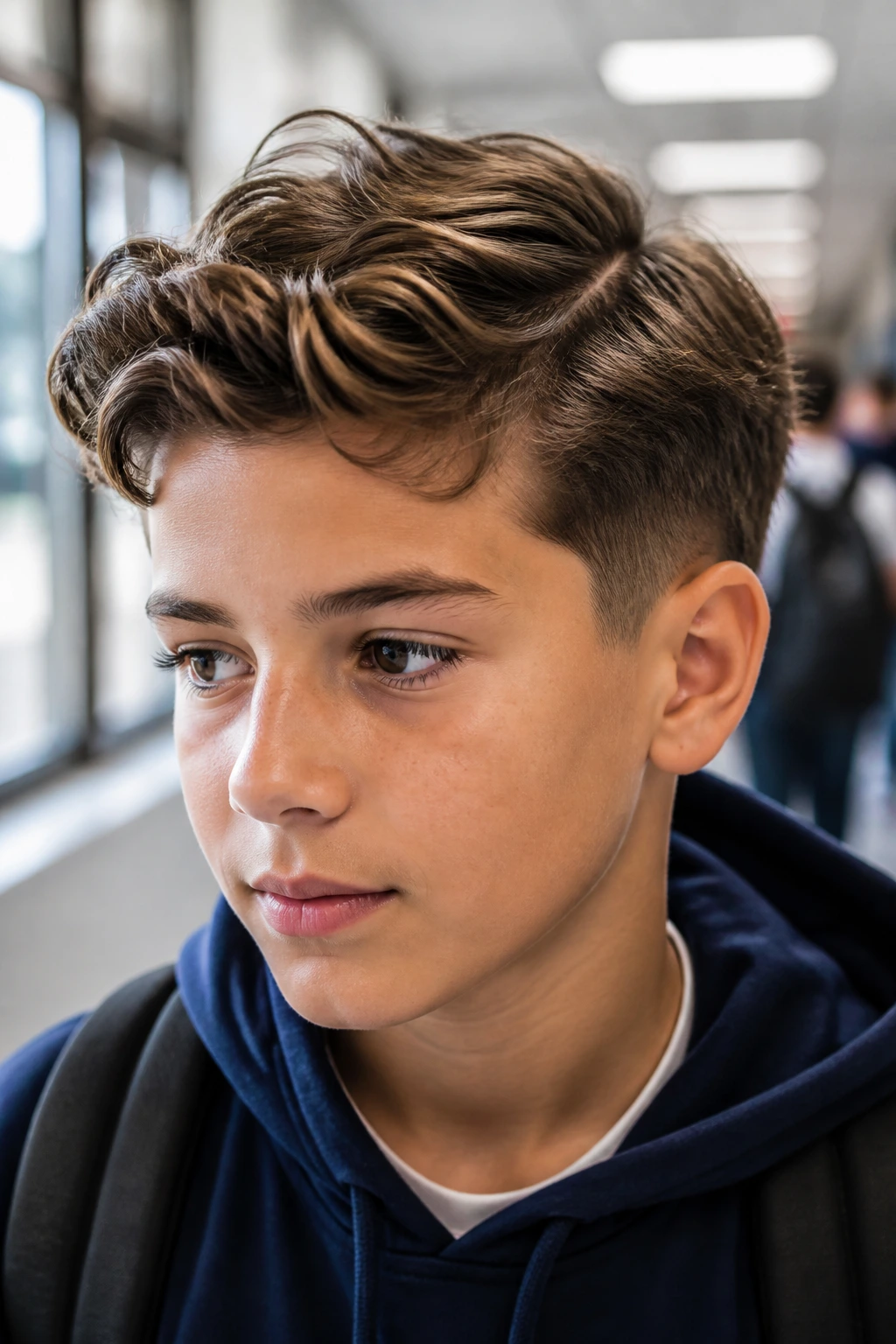 Close-up portrait of a real boy with a side-part and soft taper in wavy hair, in a school hallway