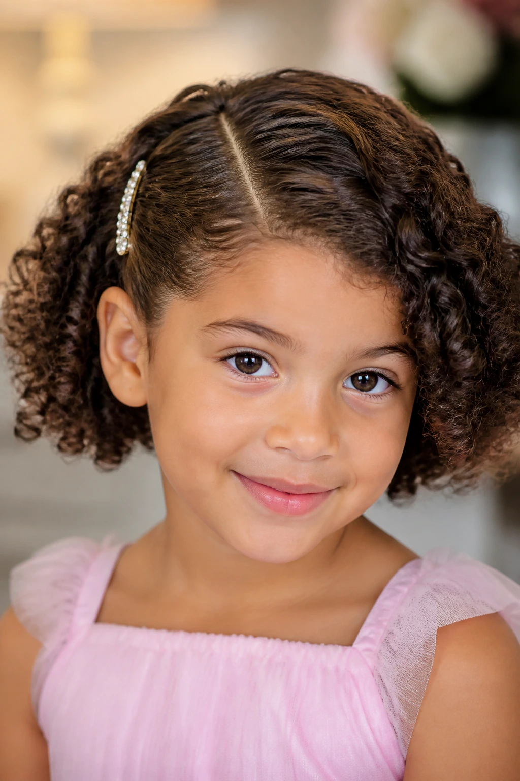 Girl with short curls in a deep side part held by a sparkly clip.