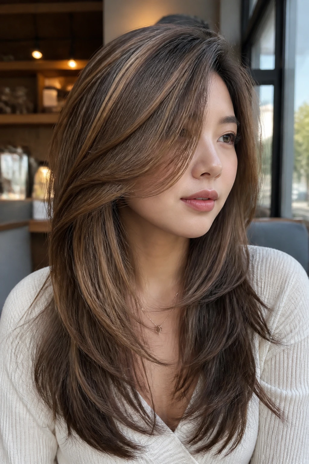 Portrait of a real woman with a side-part and one-sided face-framing in caramel highlights.
