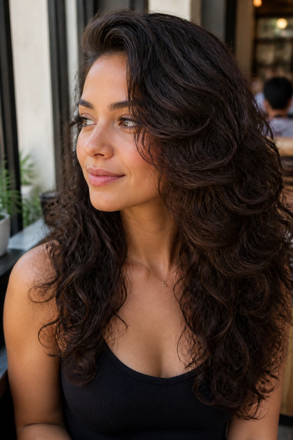Three-quarter portrait of a real woman with a deep side part and sweep layers framing the face.