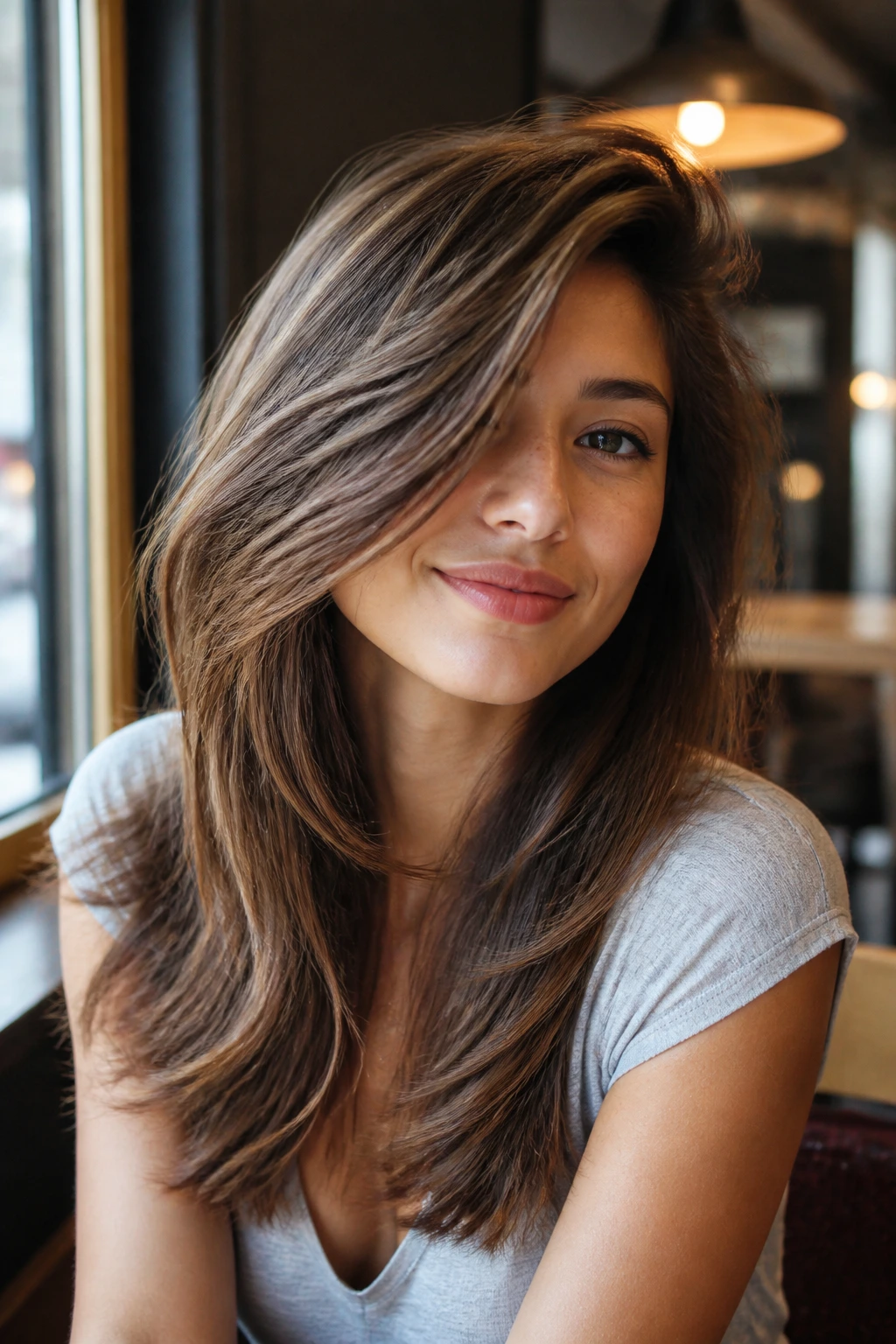 Portrait of a real woman with a side-part sweep of layers creating lift at the front